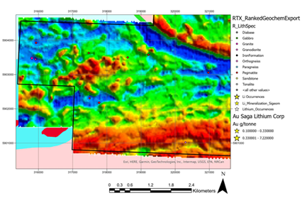 Detailed geophysics over the western border on the Legacy property. On strike with Adina’s Tilley project. Pegmatites are commonly identified within extreme magnetic lows and marked by rock samples taken in areas with exposed pegmatite outcrops.  (RTEC 2024)