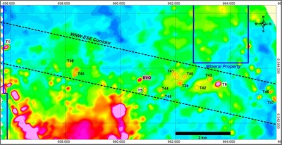 Figure 1: Location of HeliTEM target selected: T1, T5, T6, T39, T40, T41, T42, T43, T45, T46, T47, T48 and T49. (CNW Group/Bravo Mining Corp.)