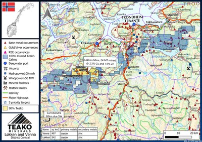 Figure 2. Former Capella concessions (in yellow; now 90% owned by Teako) and Teako concessions (in grey-blue; 100% Teako) which comprise the expanded Løkken Cu-Co-Zn project. (CNW Group/Capella Minerals Limited)