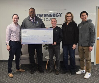 Melvin Brennan (second from right), Director of Energy Programs at Civics Works, recently formally accepted a $100,000 donation from New Energy Equity’s Lift As We Climb Foundation. From left to right: Kevin Corcoran, New Energy Equity; Brennan; Jim Wrathall, NEE General Counsel and Foundation President; Deborah Taylor, New Energy Equity; and Kevin Nguyen, New Energy Equity Director of Finance. Corcoran, Taylor and Nguyen also serve on the Foundation board.