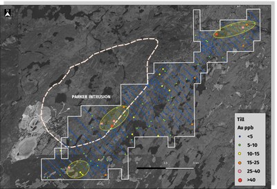 Figure 2: Map of Troilus East target area showing regional till sampling geochemical results (CNW Group/Comet Lithium Corp.)