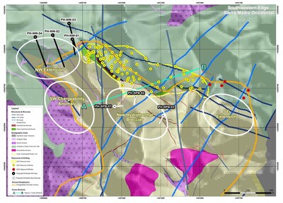 Figure 1: Four new target areas for step out and exploration drilling at San Marcial sharing key characteristics with the resource area and SE Discovery Area. (CNW Group/GR Silver Mining Ltd.)