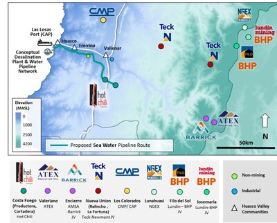 Figure 4 Stage 1 Network Map(1) --- Note (1): Water off take agreement in place with Hot Chili Limited for Costa Fuego Project. No other agreements have been executed with any projects depicted in the illustration. (CNW Group/Hot Chili Limited)