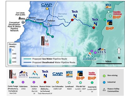 Figure 7 Stage 2 Network Map(1) --- Note (1): Conceptual water demands and timeframes are for the purposes of the Huasco Water PFS-level Engineering Study only. They do not represent a forecast of actual water supply or demand, nor do they imply that potential customers will go into production and would enter into water offtake agreements with Huasco Water. (CNW Group/Hot Chili Limited)