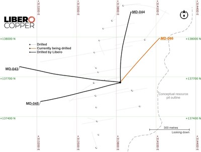 Figure 1. Plan view of MD-046 and the pit outline projected on topography. Coordinates are UTM system, zone 18N and WGS84 projection. (CNW Group/Libero Copper & Gold Corporation)