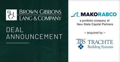 Brown Gibbons Lang & Company (BGL), a leading independent investment bank and financial advisory firm, is pleased to announce the sale of MakoRabco, a portfolio company of New State Capital Partners, to Trachte Building Systems. BGL’s Building Products investment banking team served as the exclusive financial advisor to MakoRabco in the transaction after previously advising on the combination of Mako Steel and Rabco Enterprises. The terms of the transaction were undisclosed.