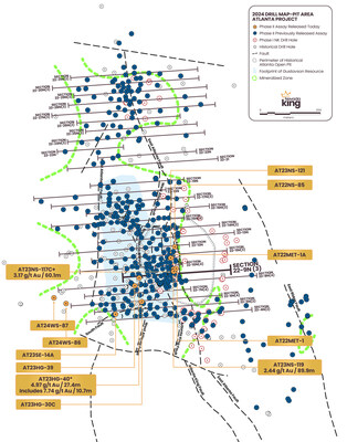 Figure 1. Location map for holes reported in today’s news release along Phase II’s final iteration of section 22-9N(3), in addition to remaining holes within the main Atlanta Pit along the AMFZ and west into the West Atlanta Graben. Mine dump holes have been removed from plot for clarity. (CNW Group/Nevada King Gold Corp.)
