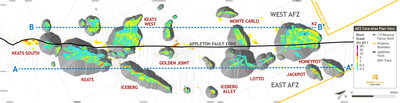 Figure 2. AFZ Core area plan view with proposed pits, MRE block model and long section orientation lines. (CNW Group/New Found Gold Corp.)