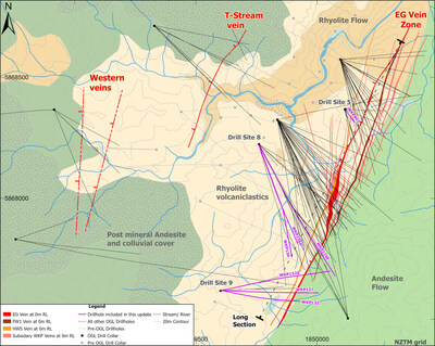 Wharekirauponga Plan View of Geology, Drill Traces and Distribution of 3 Main Vein Zones (CNW Group/OceanaGold Corporation)