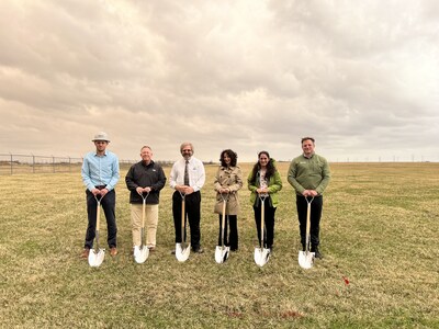 From left to right: Representatives of Grunloh Builders, Donohue and Associates, Urbana and Champaign Sanitary District, Onyx Renewables, Sol Systems, and Verde Solutions participate in a groundbreaking ceremony for a 2.5-megawatt onsite solar project Wednesday, March 19, 2025.