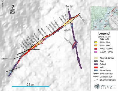 Figure 3. Geological map of the El 20 historic underground mine at the Los Mangos vein target (refer to News Release dated November 12, 2024). (CNW Group/Outcrop Silver & Gold Corporation)