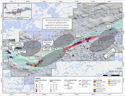 Figure 6: Highly prospective areas for spodumene pegmatite based on recent boulder sampling results. Cumulative surface sampling results since 2017 are presented. (CNW Group/Patriot Battery Metals Inc.)