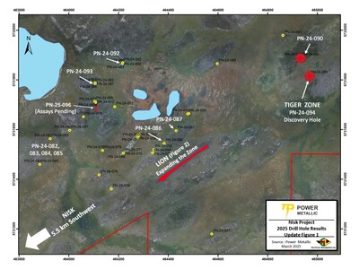 Figure 1: Location map of drill holes referred to in this news release for the Lion and Tiger Zones (CNW Group/Power Metallic Mines Inc.)