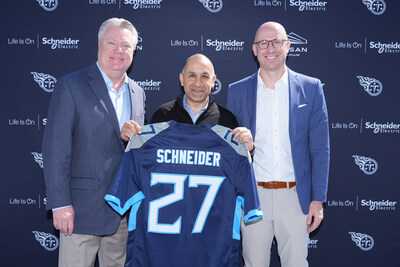 Names from left to right: Allen Borden, Deputy Commissioner of Business, Community, and Rural Development; Aamir Paul, President of North America Operations, Schneider Electric; and Dan Werly, Chief Operating Officer of the Tennessee Titans.