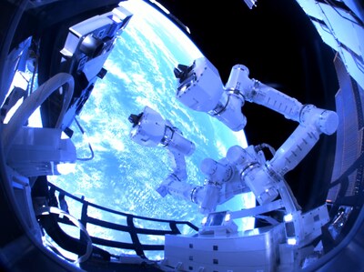 GITAI's Inchworm robots perform a tech demonstration outside the ISS, showcasing their capabilities in space. This image highlights our advanced robotics, crucial for future space exploration and infrastructure development.