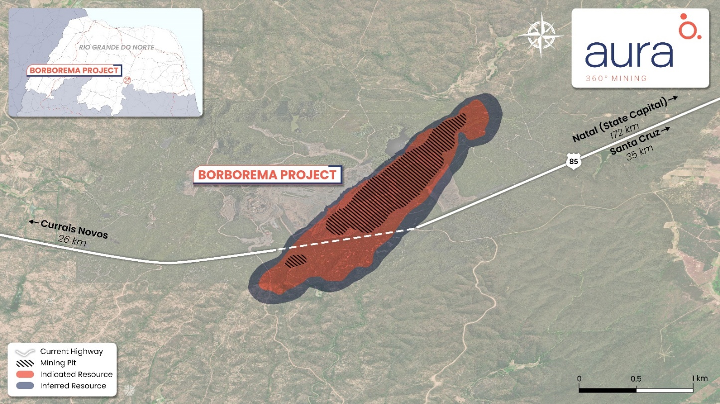 Figure 2: Borborema Project-Mineral Resource Outlines, Feasibility Study Mineral Reserve Optimized Pit Shell and Current Highway