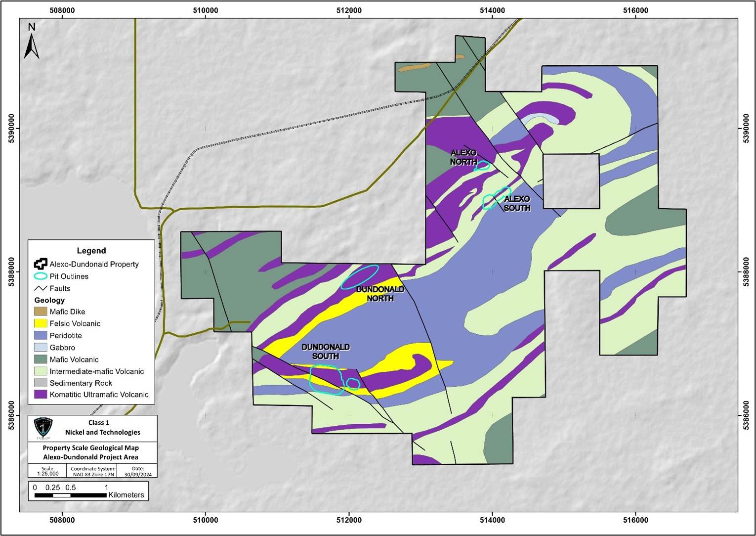 Alexo-Dundonald Nickel Sulphide Project showing the location of the 4 nickel deposits and the optimized pit shell outlines for Alexo North, Alexo South and Dundonald North, overlain on the generalized geology of the Project.