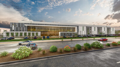 Exterior rendering of an ARCO Design/Build mission-critical data center concept. The modern architectural design features a striking glass façade, strategic use of natural light, and thoughtful landscaping that balances security requirements with aesthetic appeal. This facility exemplifies ARCO's integrated approach to designing high-performance infrastructure with streamlined operational efficiency.