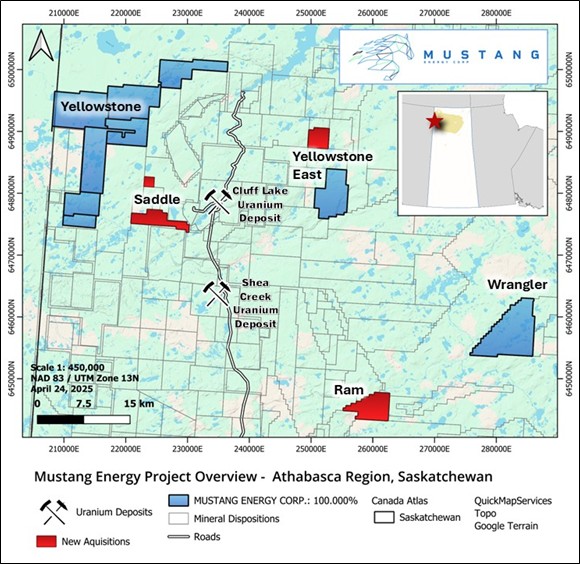 Overview Map of Mustang Energy’s recently staked claims in the Western Athabasca Basin, Saskatchewan⁵