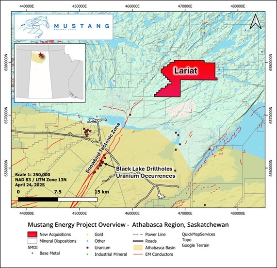 Overview Map of Mustang Energy’s recently staked Lariat Project north of the Athabasca Basin, Saskatchewan⁵