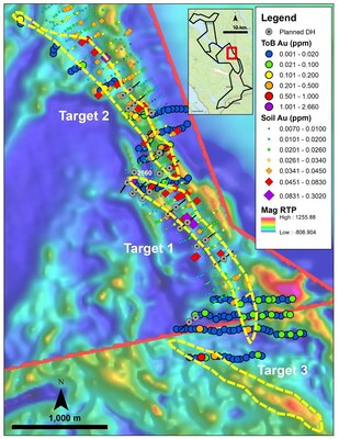 Figure 1: Results of the Q1 2025 BoT/ToB drilling program with surface till pathfinder anomalies, target trend outlines along structural corridors, and approximate location of planned Q2 2025 diamond drilling holes at the Nippas Target. The ToB result of 2.66 ppm (2,660 ppb) is shown at the northern tip of Target 1. (CNW Group/First Nordic Metals Corp.)