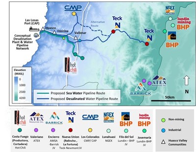 Figure 7: Stage 2 Network Map(1) - Note (1): Conceptual water demands and timeframes are for the purposes of the Huasco Water PFS-level Engineering Study only. They do not represent a forecast of actual water supply or demand, nor do they imply that potential customers will go into production and would enter into water offtake agreements with Huasco Water. (CNW Group/Hot Chili Limited)