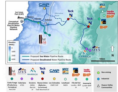 Figure 8: Stage 3 Network Map(1) - Note (1): Conceptual water demands and timeframes are for the purposes of the Huasco Water PFS-level Engineering Study only. They do not represent a forecast of actual water supply or demand, nor do they imply that potential customers will go into production and would enter into water offtake agreements with Huasco Water. (CNW Group/Hot Chili Limited)