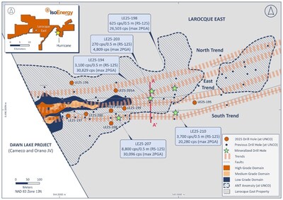 Figure 1– Location of winter 2025 drill holes with respect to the Deposit resource footprint (blue) and the ANT seismic low velocity zone in which the Deposit occurs, and projected Hurricane mineralization-controlling fault zones. RS-125 values are highest averages over 0.5 m intervals. (CNW Group/IsoEnergy Ltd.)