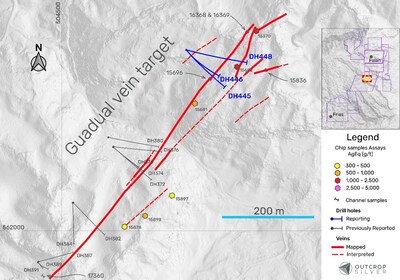 Figure 1. Plan view of the Guadual vein target showing the drill holes reported in this release (Table 1), previous drill holes, and surface exploration samples (Table 2). *. Coordinates are UTM system, Zone 18N, and WGS84 projection. (CNW Group/Outcrop Silver & Gold Corporation)