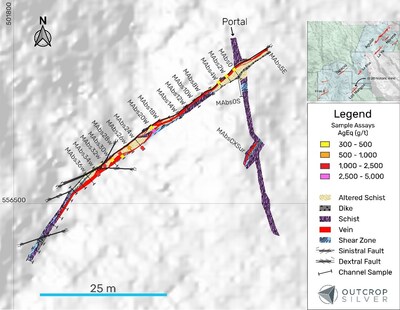 Figure 3. Geological map of the El 20 historic underground mine at the Los Mangos vein target (refer to News Release dated November 12, 2024). (CNW Group/Outcrop Silver & Gold Corporation)
