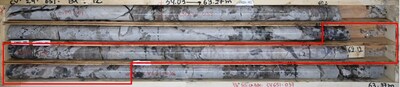 Figure 7: Pollucite mineralization in drill hole CV24-651 (CV5) grading 5.03% Cs2O over 1.5 m (61.0 m to 62.5 m). (CNW Group/Patriot Battery Metals Inc.)
