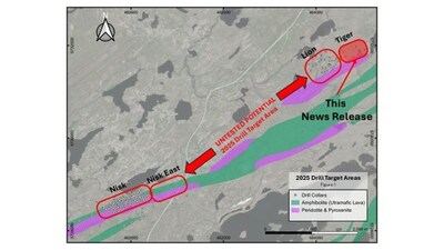 Figure 1: Location map of 2025 target areas highlighting the Tiger Zone area with drill results reported in this news release (CNW Group/Power Metallic Mines Inc.)
