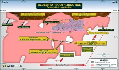 Figure 3: Bluebird-South Junction schematic long-section showing select near mine drill results in Q3 FY25. (CNW Group/Westgold Resources Limited)