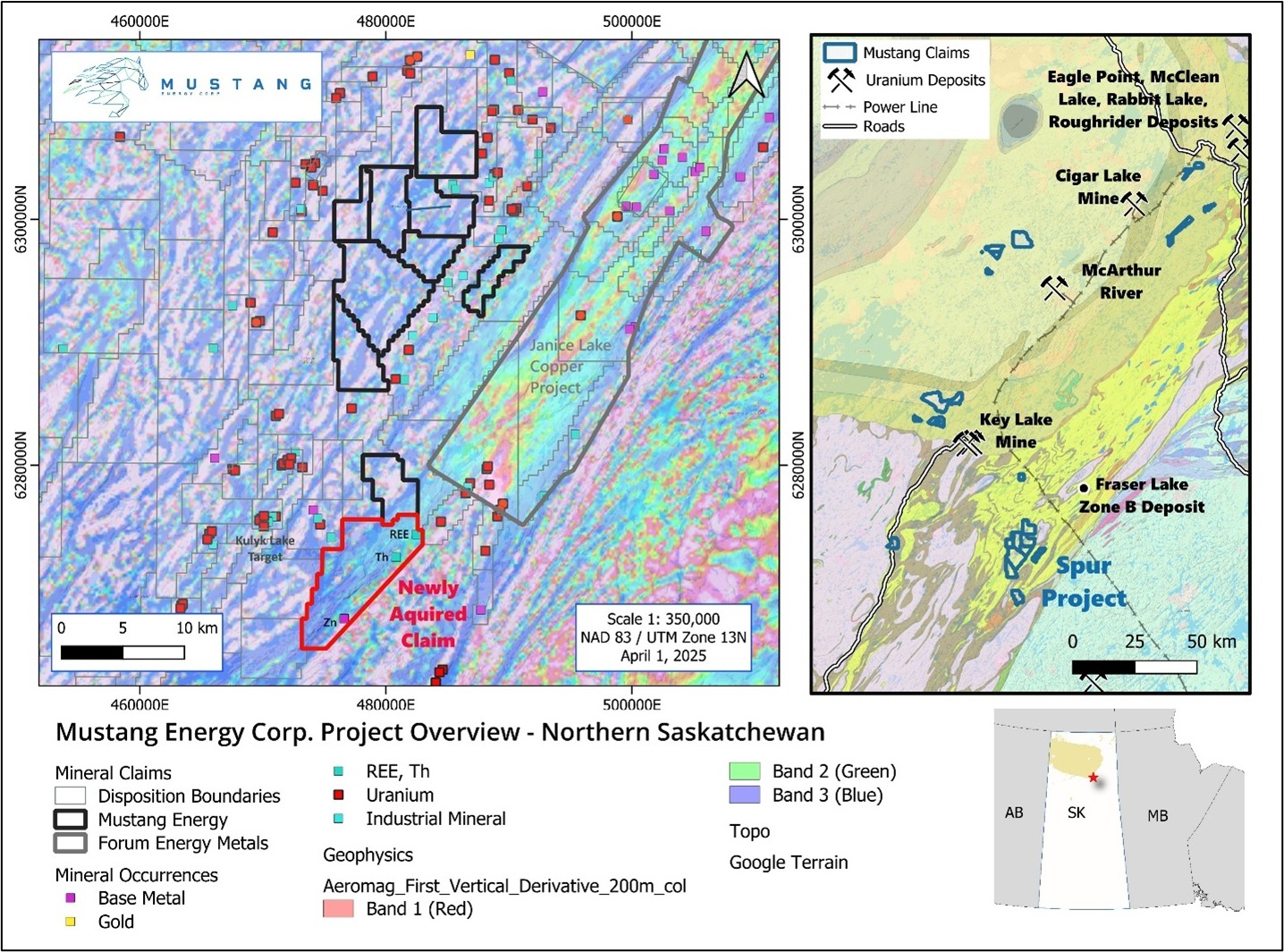 Overview of Mustang Energy's newly acquired claim south of the Athabasca Basin, Saskatchewan