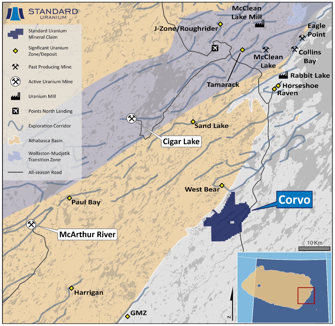 Regional map of the Corvo Uranium Project, which is located 45 km northeast of Atha Energy’s Gemini Mineralized Zone and 60 km due east of Cameco’s McArthur River mine.