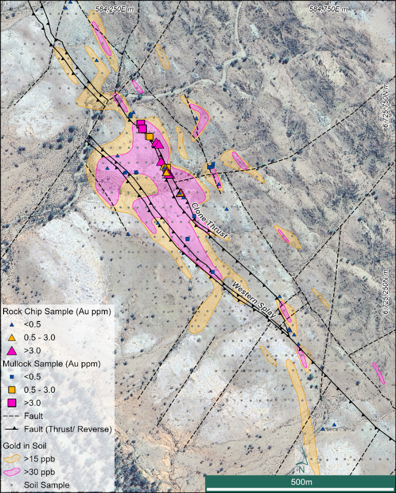 Figure 6: Structural mapping and thematically mapped minus 80# mesh soil samples over the ~ 3 km Clone Trend; results may not be indicative of mineralisation in the district