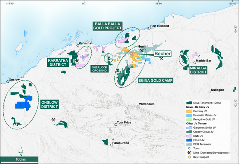 Figure 7: Novo Pilbara and Onslow tenure showing main projects and significant prospects.