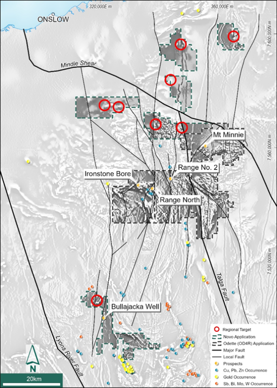 Figure 8: Toolunga Project tenure showing regional targets over 1VD aeromagnetic image in a complex structural setting