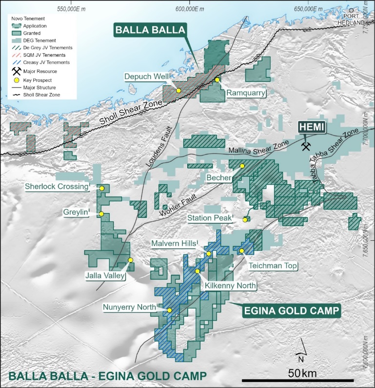 Figure 9: Novo Tenure in the Central Pilbara showing the Egina Gold Camp and Balla Balla Gold Project Au prospects, location of Nunyerry North, and JV interests.