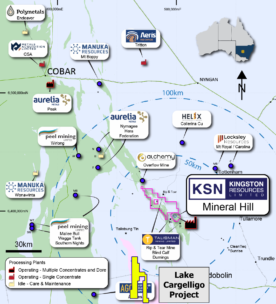 Nearby Operators and exploration projects in the Cobar region (modified from https://kingstonresources.com.au/projects/mineral-hill-mine/)