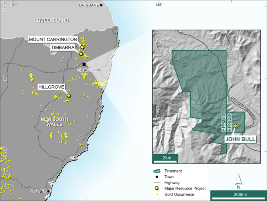 Figure 1: Location of the John Bull Gold Project in northeastern NSW, Australia