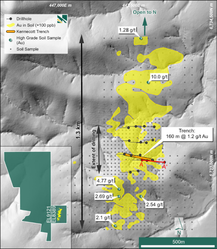 Figure 2: John Bull historic drill hole and costean locations, soil gold geochemical results and historical soil sampling locations. Sample results may not be representative of mineralisation in the district. No assurance can be given that Novo will achieve similar results as part of its exploration activities.