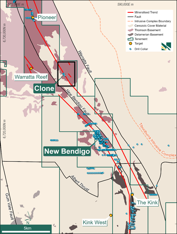 Figure 4: Tibooburra project tenure, with regional geology, drill collars and main prospects, highlighting multiple parallel mineralised trends.