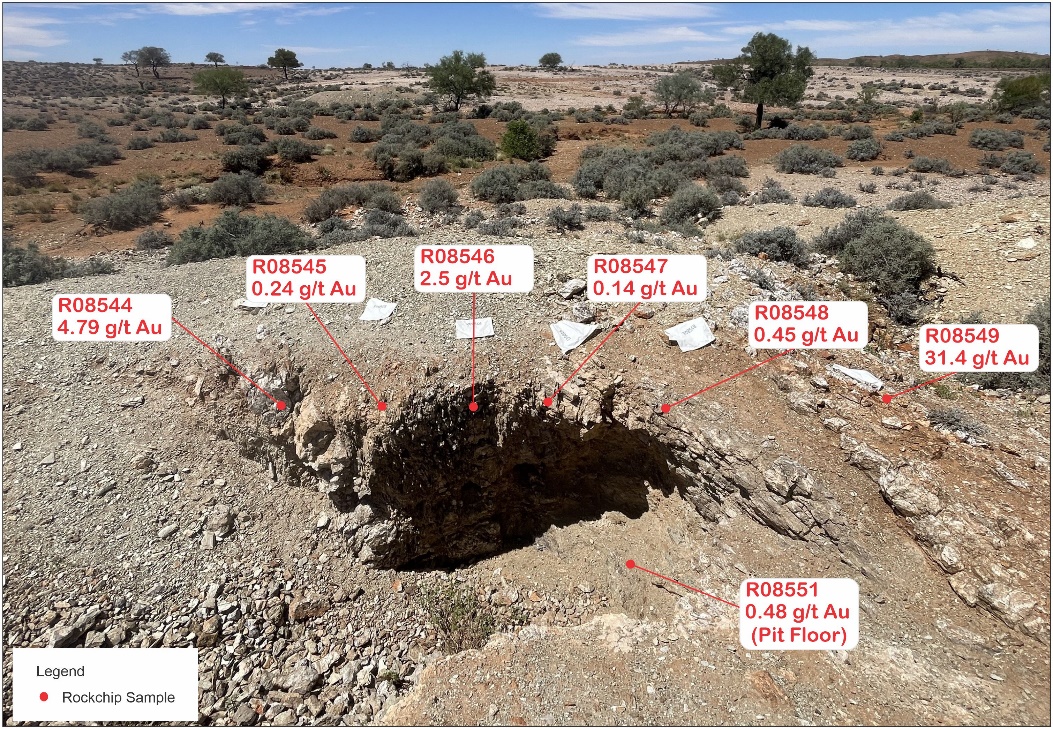Figure 5: Rock chip sample results from an exposure of the west dipping Clone Thrust, highlighting a significant high-grade zone of mineralisation over approx. 8 m width with a peak result of 31.4 g/t Au2 from the western-most quartz vein. Results may not be indicative of mineralisation in the district. See Novo’s announcement released to ASX on 2 April 2025 (Promising surface exploration informs Tibooburra RC Drilling Program) for further information, including full results tables and JORC details regarding the assayed material