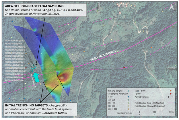 Initial trenching plan in respect to structural, chargeable targets and high-grade float sample results at the Vrela Prospect.