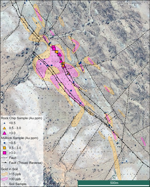 Soil sampling anomaly and rock chip sampling across the main Clone Prospect