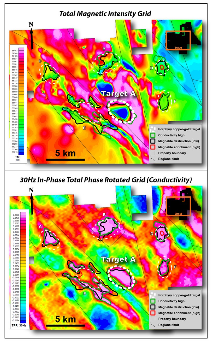 Porphyry copper ± gold targets outlined by the summer 2024 ZTEM survey. Total Magnetic Intensity (top) and 30Hz in-phase Total Phase Rotated (bottom) showing relative conductivity at 300 - 500 metres depth.