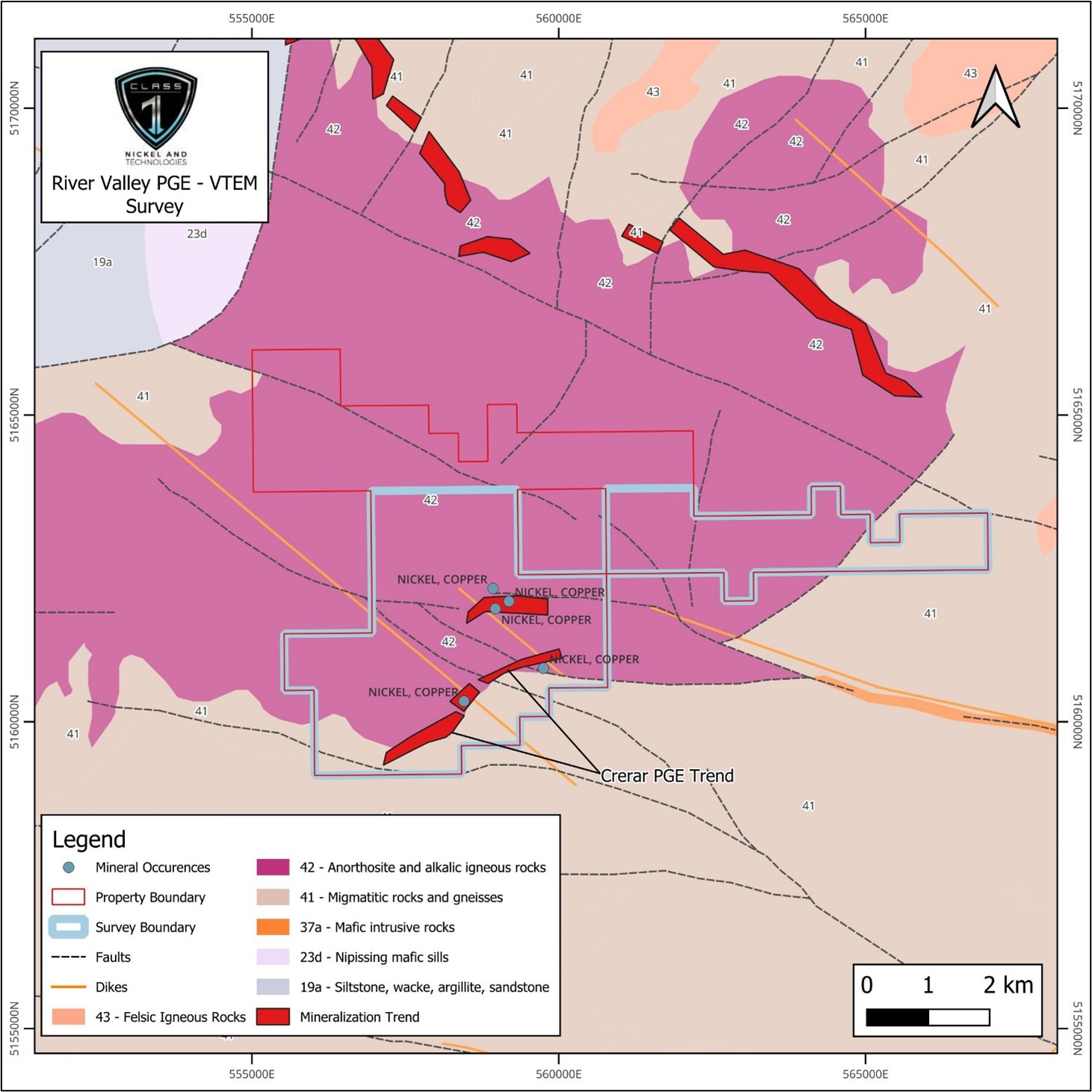 Outline of the RV Project mining claims (red property boundary) that define the River Valley PGE Project and the area being surveyed (light blue) using Geotech’s VTEMTM Plus airborne system (base geology from the Ontario geological Survey).