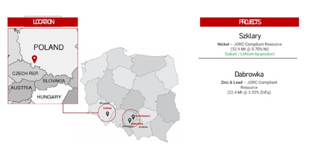 Showing the location of Szklary Nickel and Dabrowka Zn Pb in the southwestern and southern part of Poland, respectively.