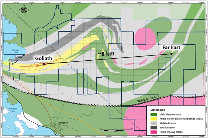 Geological map showing location of the Far East target 8 kms east of the Goliath Deposit